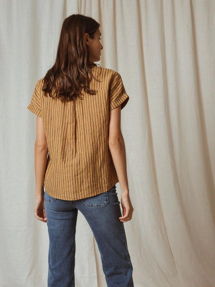 relaxed fit pinstripe linen top. Indi & cold.