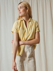 short sleeve collared button shirt with gathered cuff indi & cold
